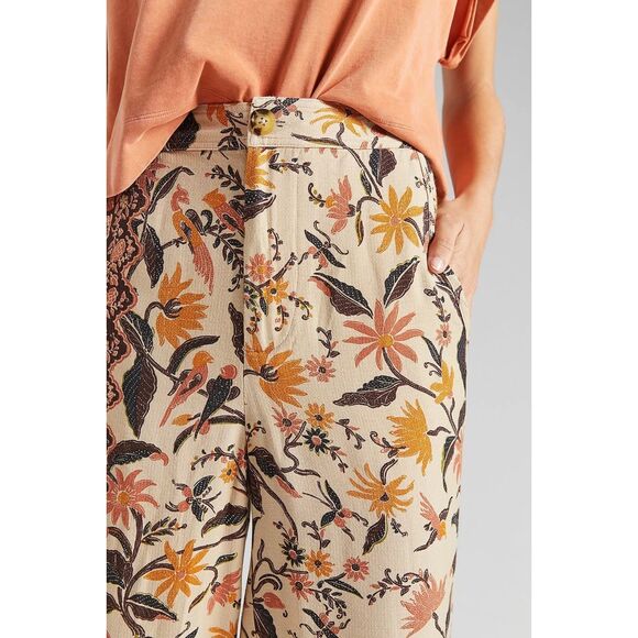 Anthropologie Smocked Balloon-Leg Pants Women's 4 Tan Floral Boho Jogger Harem - Picture 3 of 12